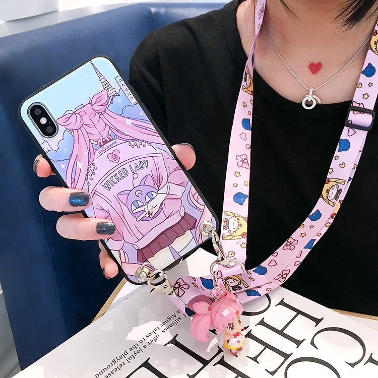 Для iPhone XR милый 3D Сейлор Мун чехол для телефона для iPhone X XS Max 4S 5S SE 6S 6plus 7plus 8 plus мультяшная задняя крышка+ ремешок+ игрушка