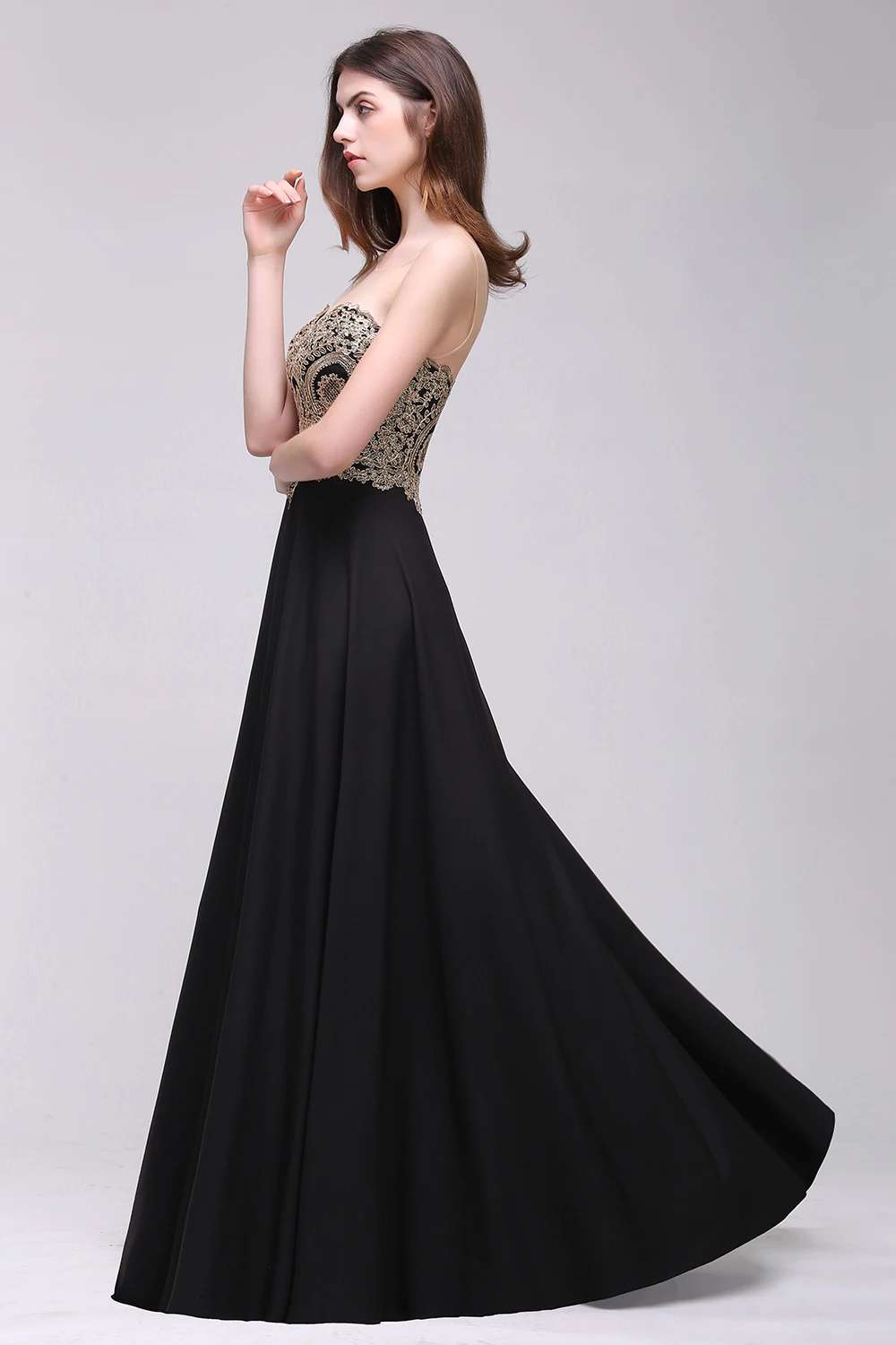Robe de Soiree Longue Sexy Sheer Back Navy Black Lace Long Evening Dress Cheap A Line Appliques Embroidery Gowns | Свадьбы и