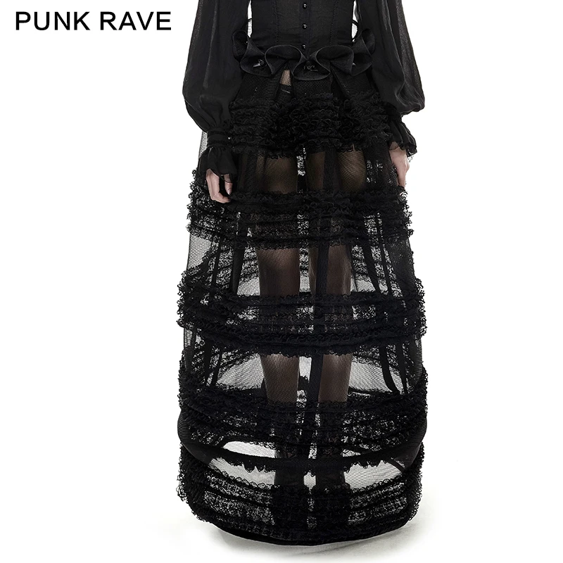 

PUNK RAVE Lolita style black multi-perspective skirt with lace decorated LQ-073