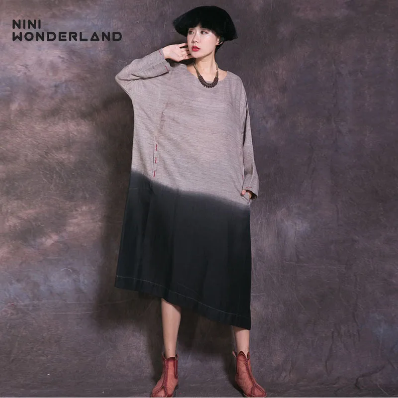 NINI WONDERLAND осеннее платье для женщин 2019 весеннее прямое градиент цвета льняное