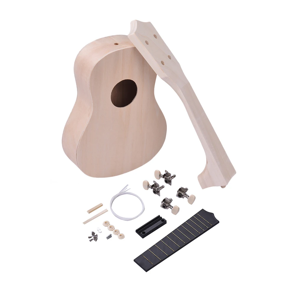 

21 Inches Unfinished DIY Ukulele Ukelele Uke Kit for Ukulele Lovers Basswood Body Neck Plastic Fingerboard Bridge Nylon String