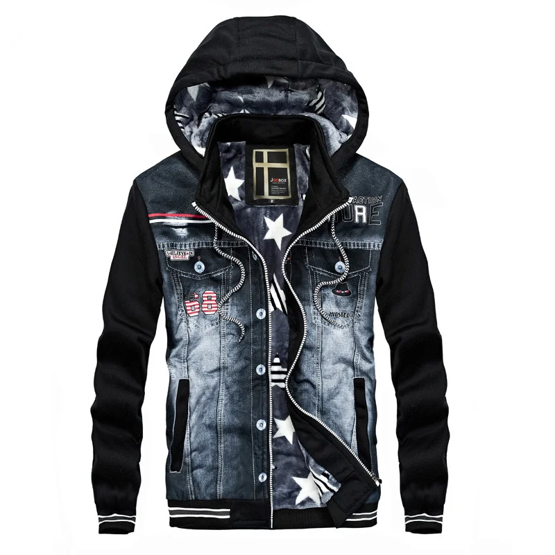 

2018 Winter Men Casual Hooded Sweatshirt Jeans Denim Patchwork Jean Jacket Men Denim Jackets Plus Size Hoodies England