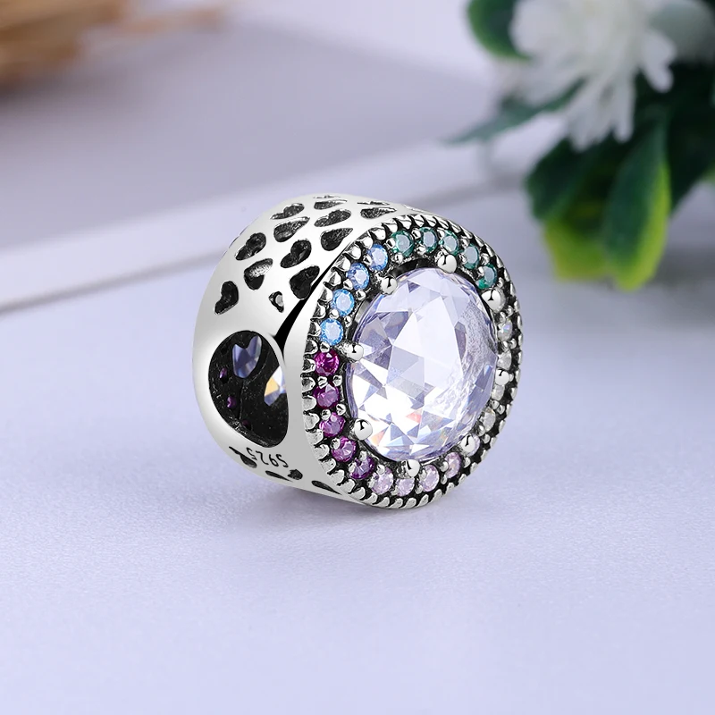 

Original 100% 925 Sterling Silver Bead Charm Multi-colour Radiant Hearts Charms Rainbow Fit Bracelets Women Diy Jewelry