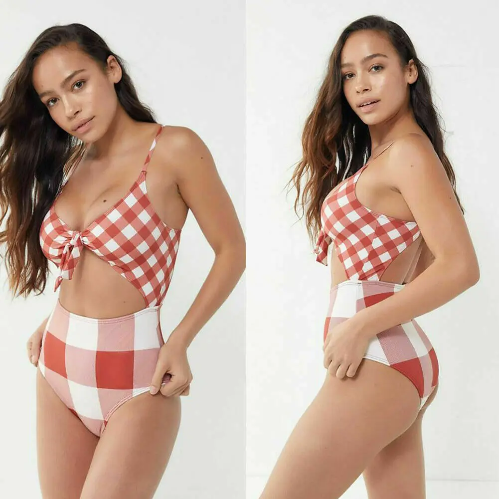 Горячие для женщин Push Up комплект бикини клетчатая Высокая талия мягкий танкини