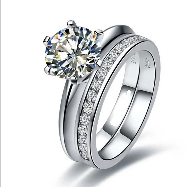

3 Carat Round Cut Diamond Ring Set S925 Set Rings 6 Prongs Solid 925 Sterling Silver Engagement Ring White Gold Color