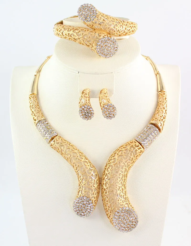

African Beads Jewelry Set Dubai Gold Color Crystal Women Wedding Party Necklace Bangle Earring Ring Fine Jewelry Sets