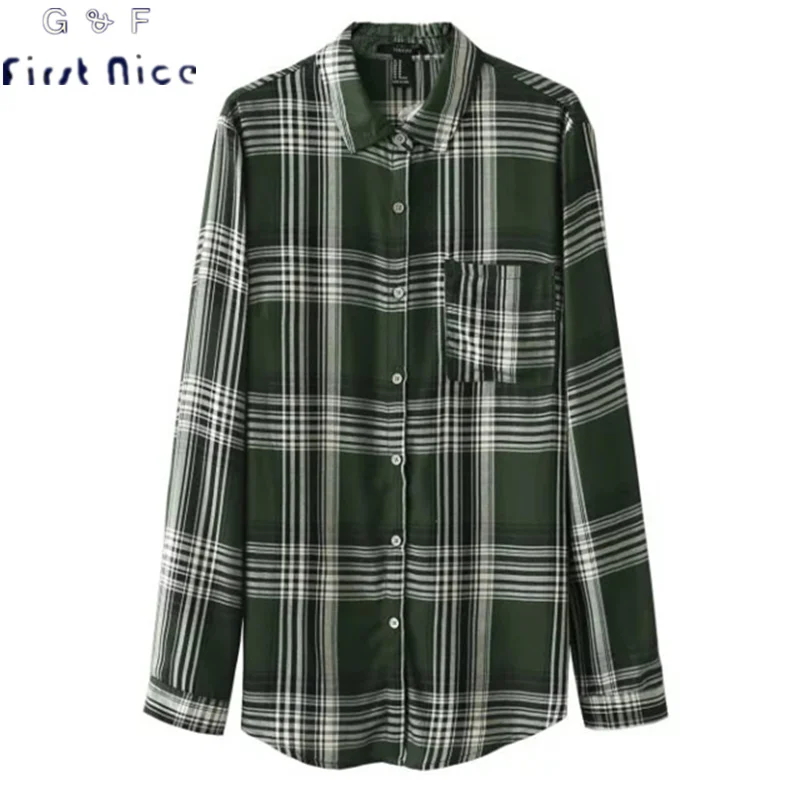 Женщины Блузки 2017 Новая Коллекция Весна Мода Хлопок Плед С Длинным Рукавом Turn down