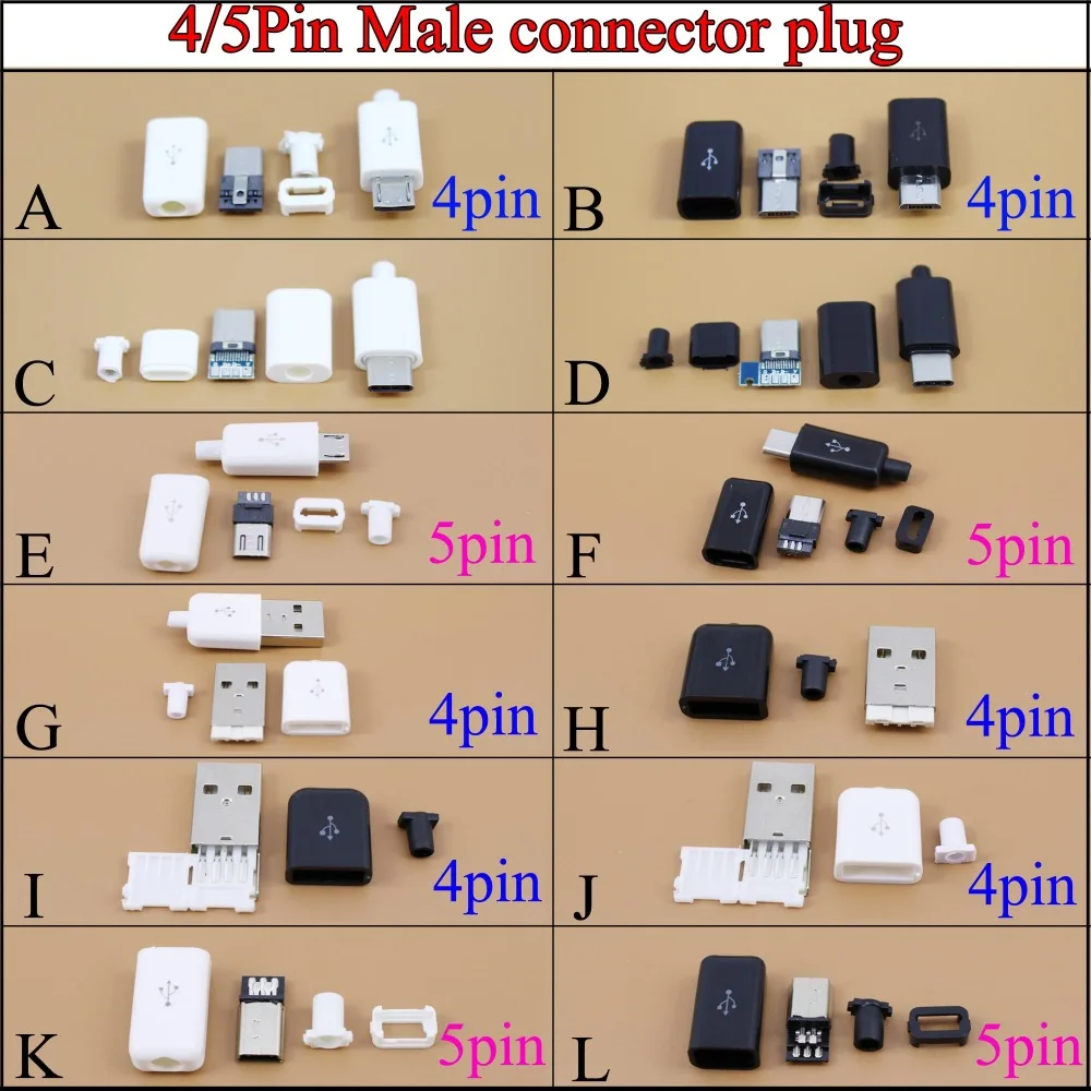 

YuXi YT2153B Micro USB 4 / 5Pin Male connector plug Black/White welding Data OTG line interface DIY data cable accessories
