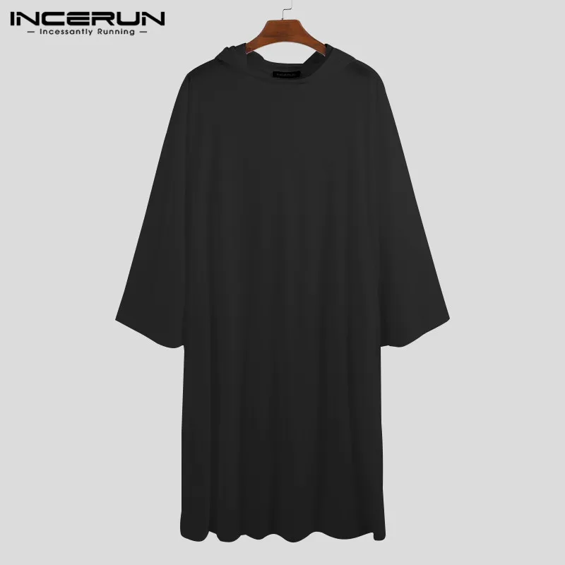 INCERUN/Мужская мусульманская кафтан, мусульманская одежда, свободная однотонная одежда с капюшоном и длинными рукавами, Саудовская Аравия Дубай, халаты для мужчин, jubba tobe 5XL