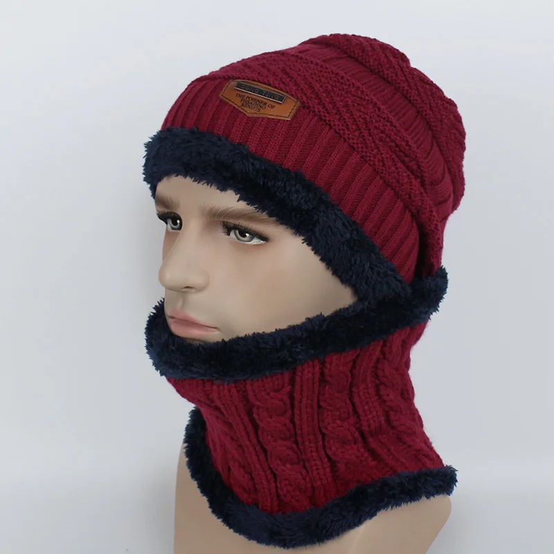 Set Red Зимние шапочки Для женщин Для мужчин модные однотонные внутри толстый теплый трикотаж зимняя шапка Кепки шарф наборы Skullies капот шарф комплекты - Цвет: Set Red