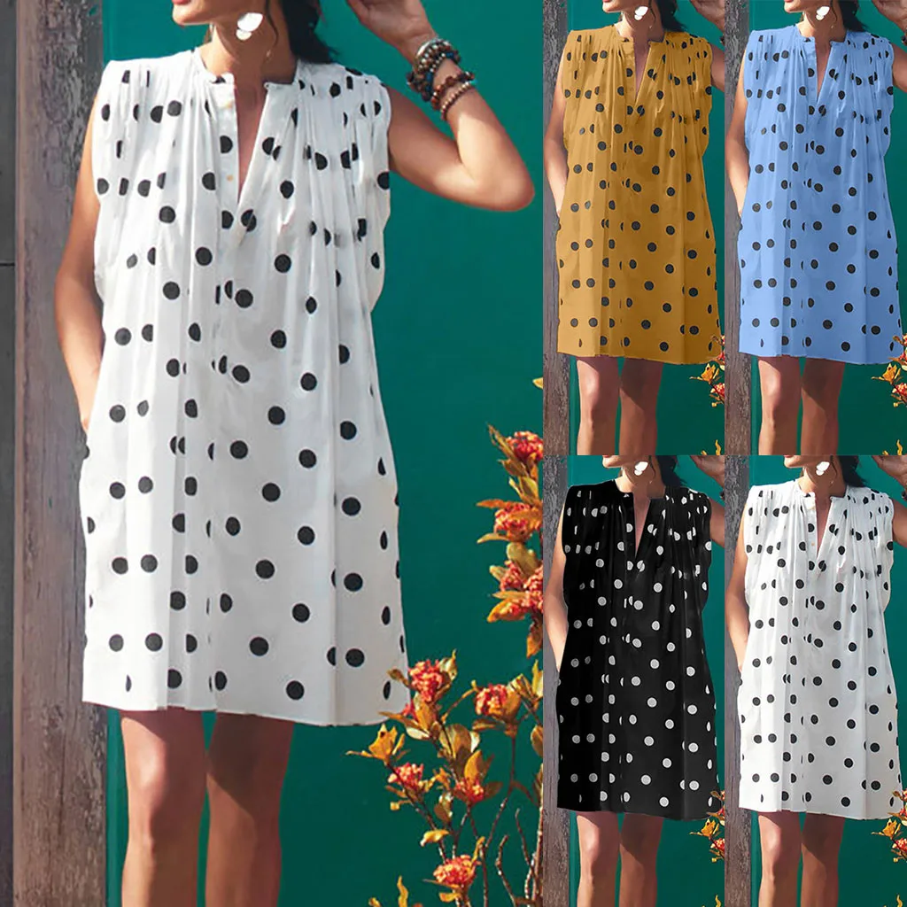 2019 новое летнее платье женское без рукавов в горошек свободное вечернее с