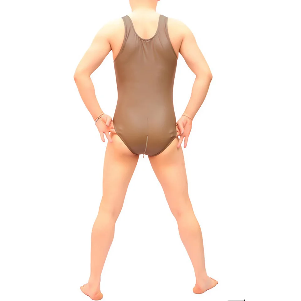 

Sexy Tight Siamese PU Faux leather Vest Men High Elastic fitness Solid tank top Latex Sleeveless O Neck Bodysuit Male Club Wear