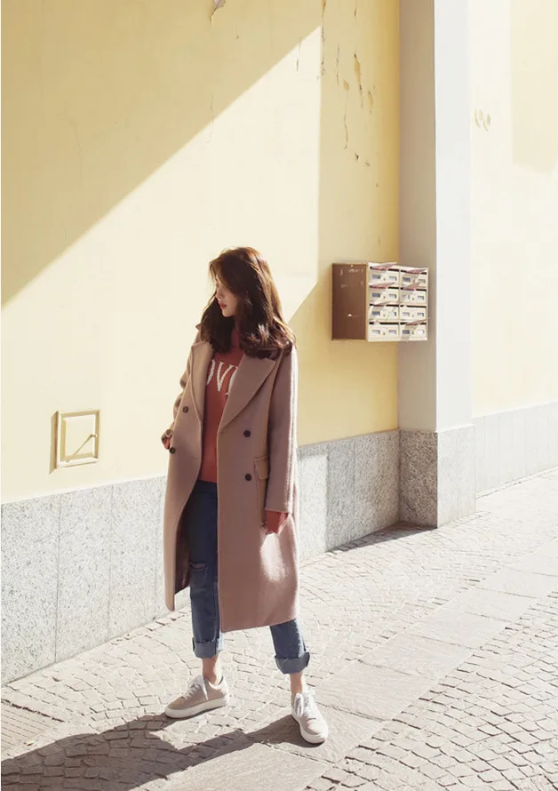 Preppy Style Long Wool Coat Loose Turn-down Collar Wool Blend Coat and Jacket Double Breasted Women Coats Autumn Winter