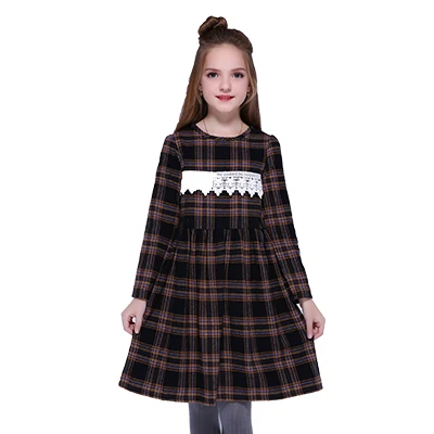 Kseniya kids/детские зимние платья для девочек; хлопковое кружевное платье в клетку с длинными рукавами в европейском и американском стиле; праздничное платье принцессы для девочек - Цвет: Черный