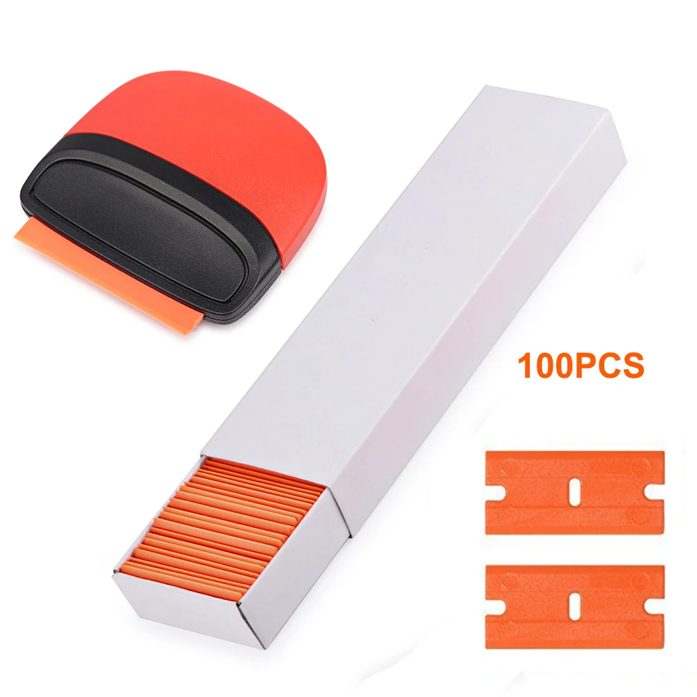 FOSHIO 100pcs Plastic Razor Blade+Carbon Fiber Sticker Remover Razor Scraper Vinyl Film Wrap Window Tint Tools Clean Squeegee