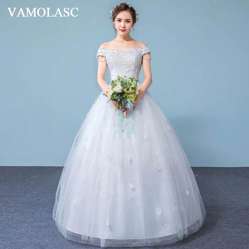 

VAMOLASC Crystal Boat Neck Ball Gown Lace Flowers Appliques Wedding Dresses Off The Shoulder Backless Bridal Gowns