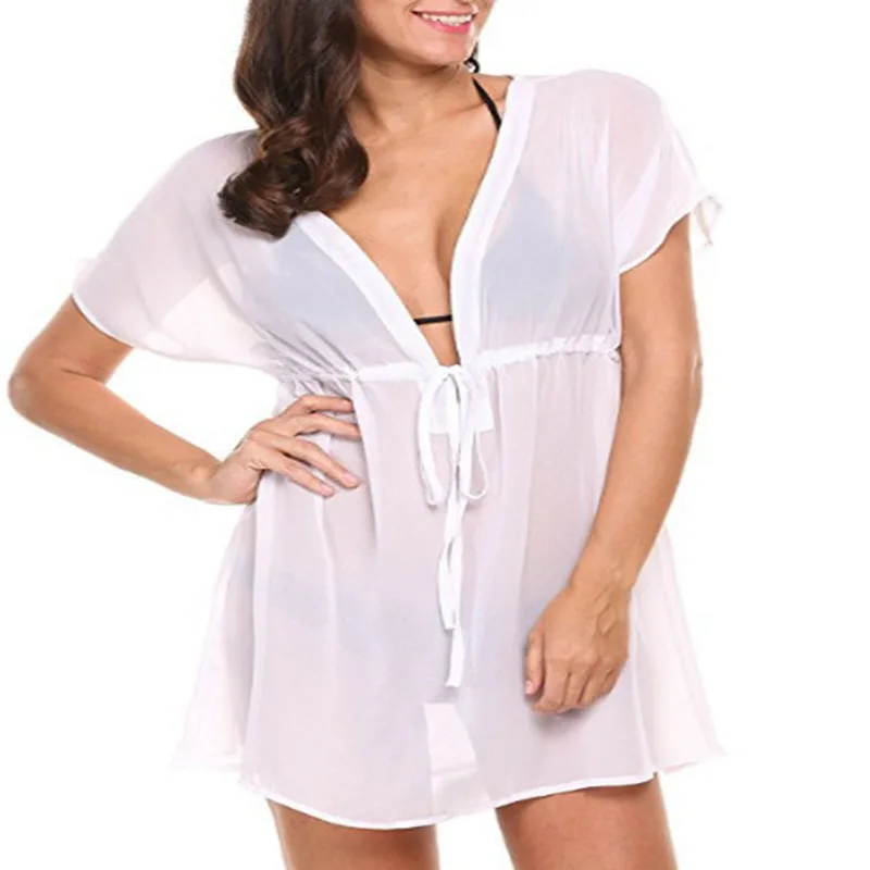 Шифоновое пляжное бикини с короткими рукавами и завязками 2018 глубоким v образным