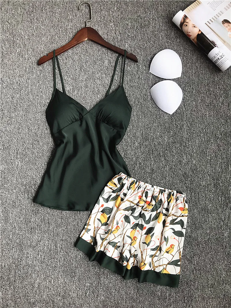 Летний женский Шелковый пижамный комплект с шортами Сексуальная атласная пижама