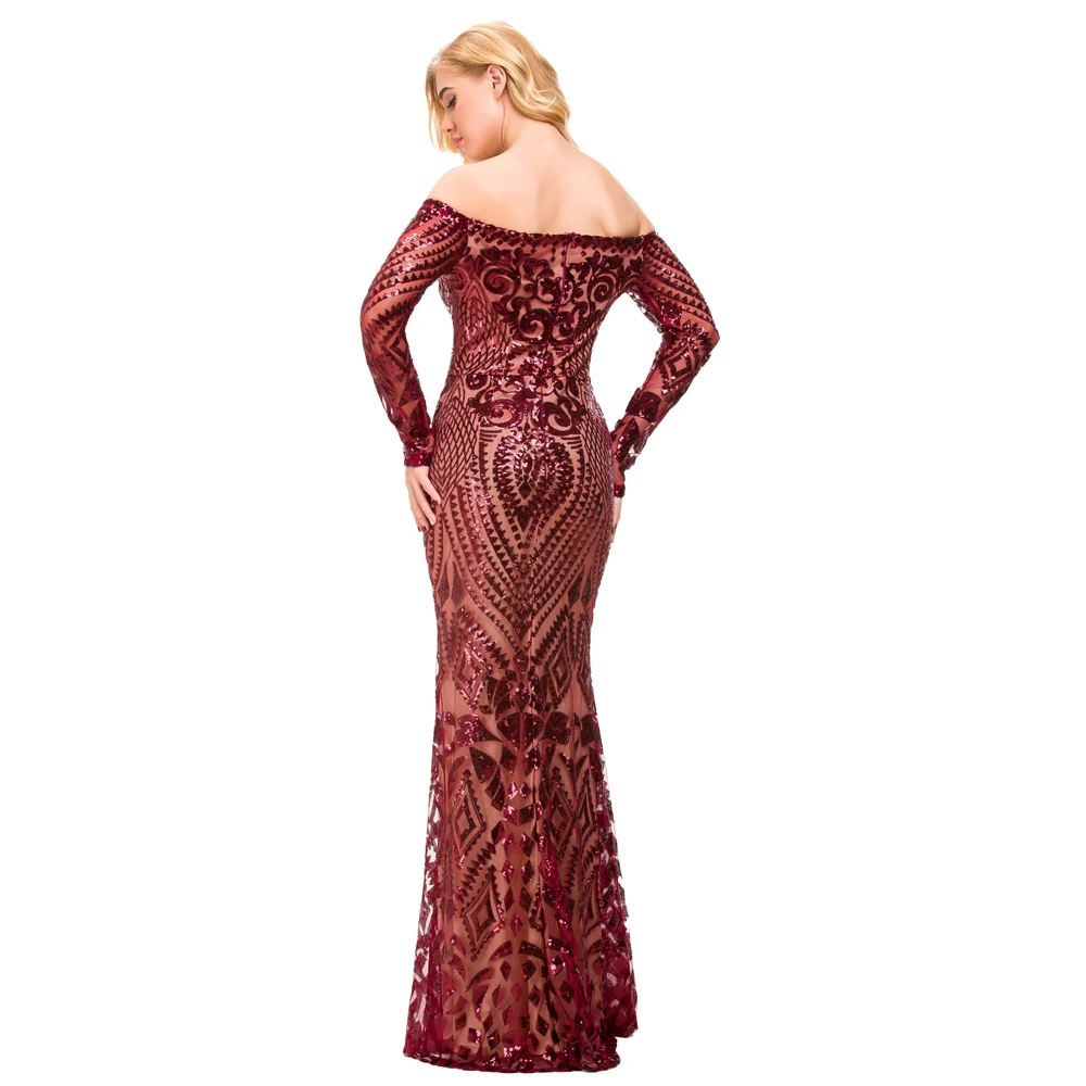 Бургундия сексуальные с плеча Платье блестками Dress тугой длина пола Geometicс