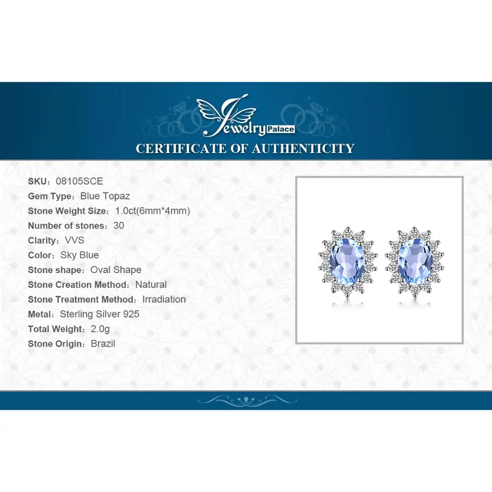 Женские серьги гвоздики с голубым топазом JewelryPalace Diana из стерлингового серебра 925