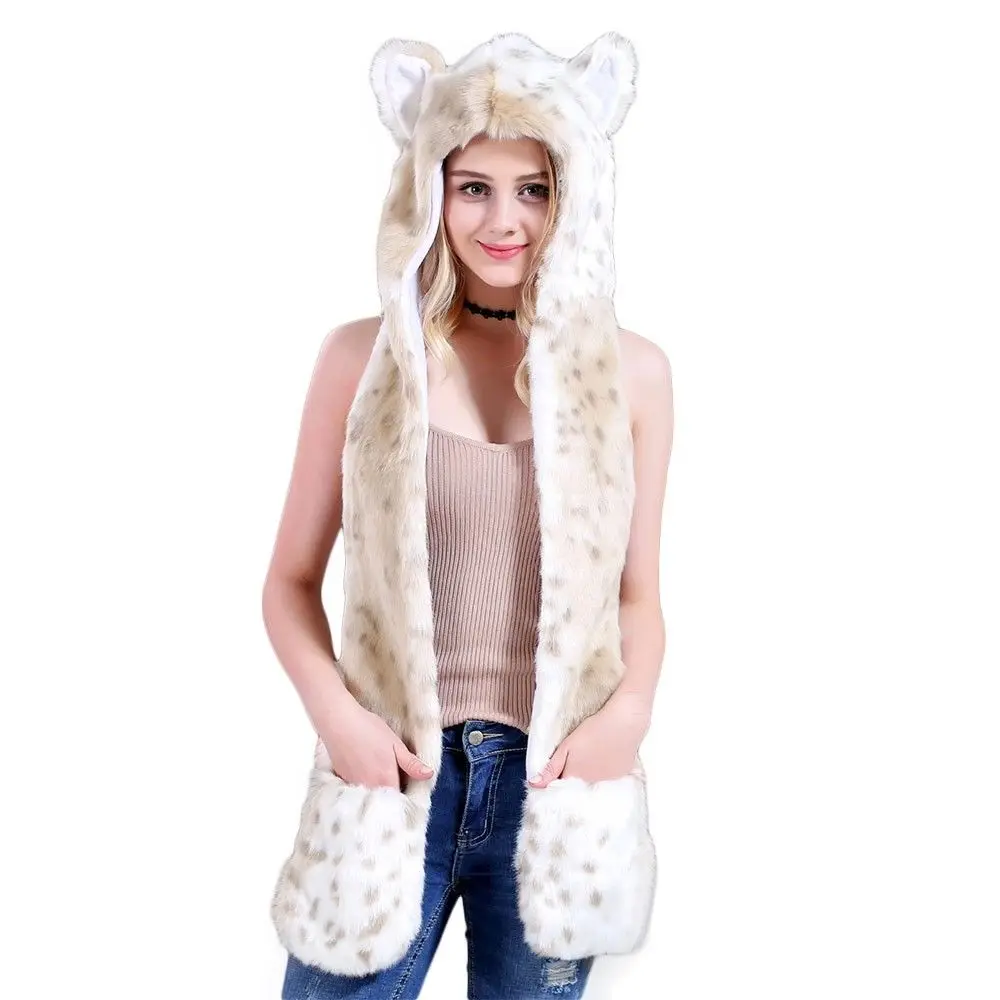 Snow Leopard Шапка из искусственного меха с капюшоном с изображением животных из мультфильма; шапка с шарфом; варежки; уши и лапы; 3 в 1; Теплая Шапка; костюм; реквизит; подарок - Цвет: Snow Leopard