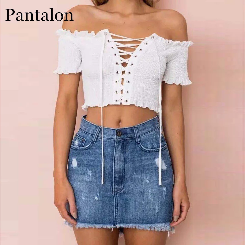 Pantalon Ruching Lace Up Женская футболка с открытыми плечами короткими рукавами футболки