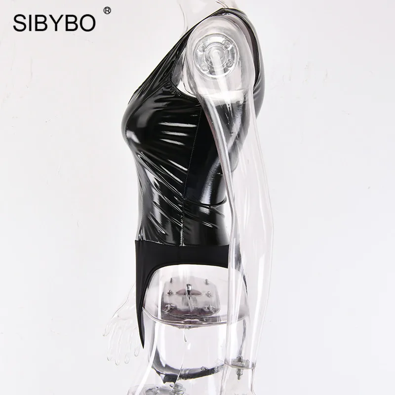 Sibybo/обтягивающее Сексуальное Женское боди из искусственной кожи с v-образным вырезом без рукавов в стиле пэчворк; Летний комбинезон для женщин; пляжные повседневные женские боди