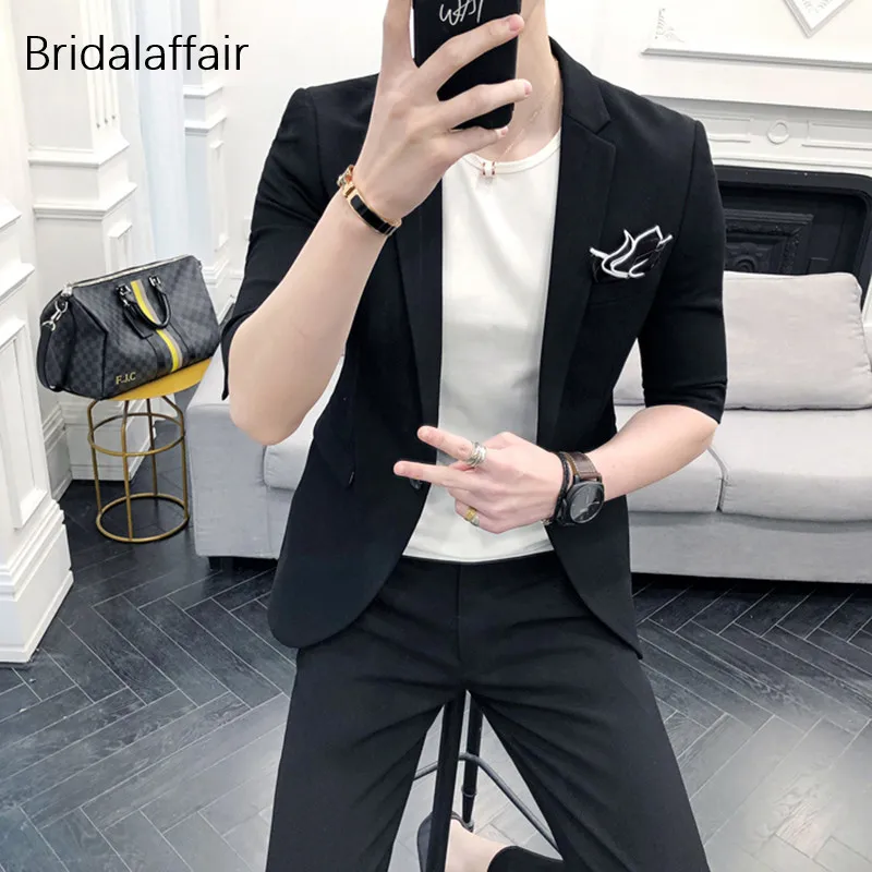 Чудесные черные мужские костюмы с коротким рукавом 2018 классические смокинги на