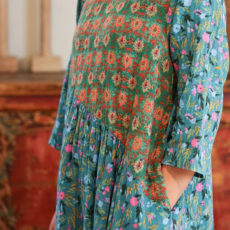 Jiqiuguer Pastoral Floral Dress Loose Ethnic Print Patchwork Long Pullover Comfortable Fabric Dresses G191Y030 | Женская одежда
