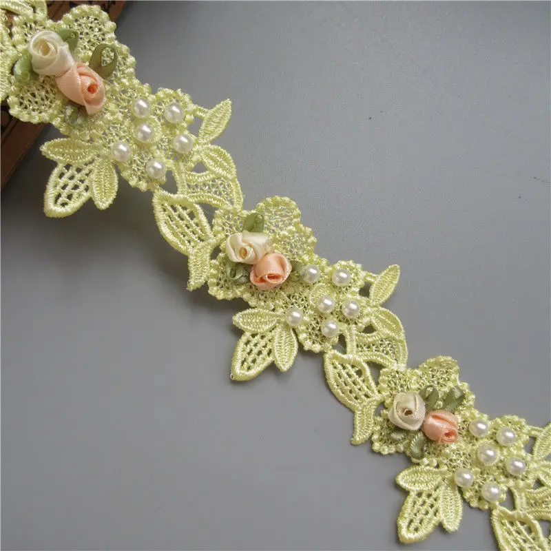 2 ярдов Винтаж желтый цветок жемчужное вышитые бисером Кружево отделка края
