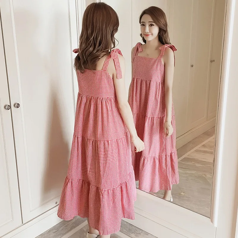 Клетчатое хлопковое льняное платье для беременных летнее модное милое Одежда
