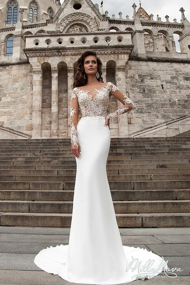 Новое Прибытие Русалка Свадебные Платья 2017 Иллюзия Шеи Длинные Рукава Суд Поезд