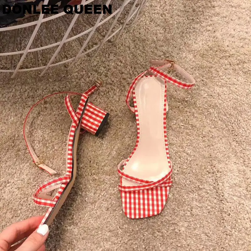 2019 Fashion Plaid Fabric Narrow Band Cross Women Sandals Square Heel Ladies Concise Summer Shoes Ankle Strap Back | Обувь