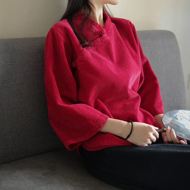SCUWLINEN женские осенне-зимние топы с сатиновым воротником, вельветовые плоские пуговицы, свободные рубашки, одноцветная Повседневная Блузка Vestidos W54