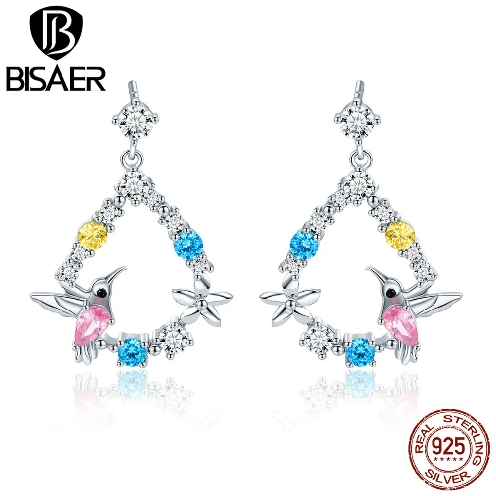 BISAER 925 пробы серебряные серьги-гвоздики с птицами Колибри, цветок, модные серьги, ювелирные изделия EFE011