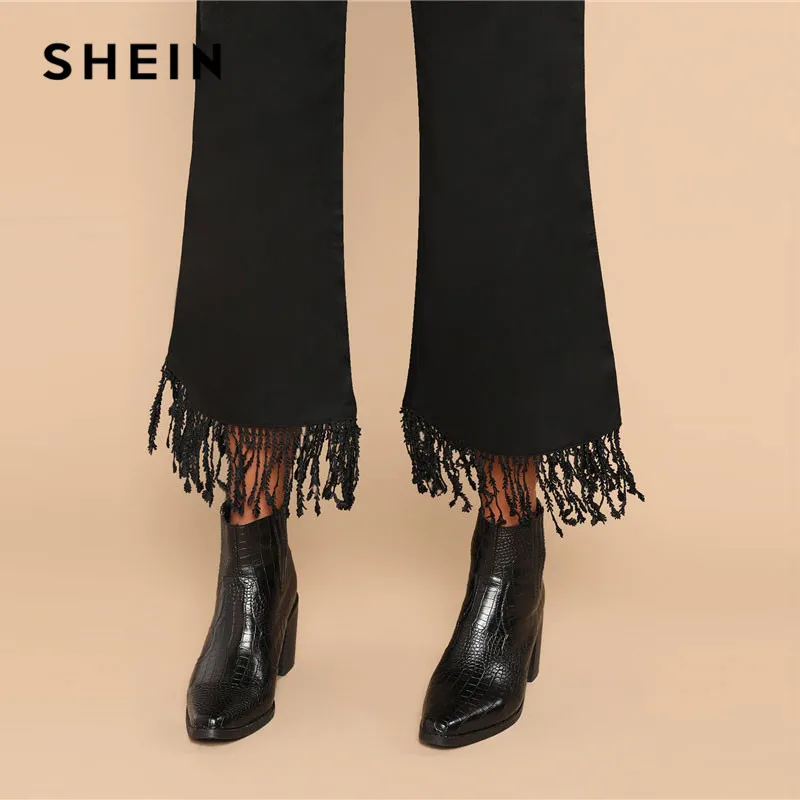 SHEIN Однотонные Расклешенные Брюки С Бахромой 2019 Женские Повседневные Винтажные
