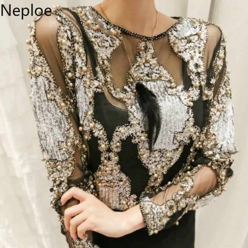 Neploe, корейские блузки для женщин, элегантный женский топ с бисером, расшитый блестками, сетчатая Прозрачная Сексуальная рубашка с длинным рукавом, Blusas 39100