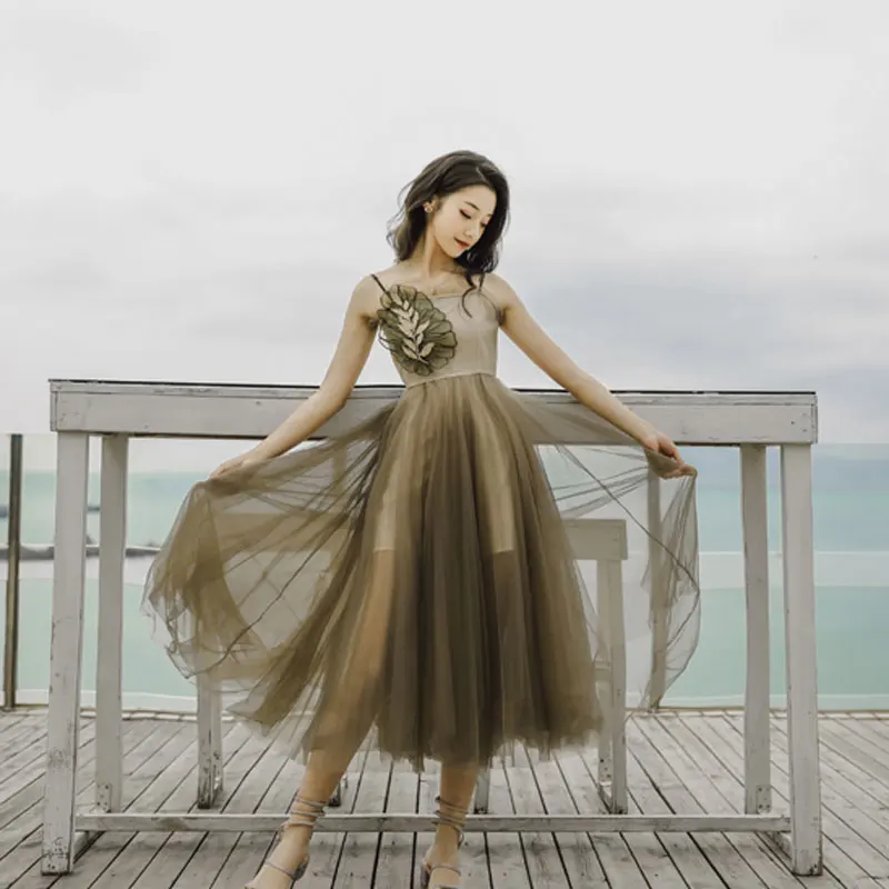 Женское платье с сеточкой на бретельках тюлем в Корейском стиле лето 2019|Женские