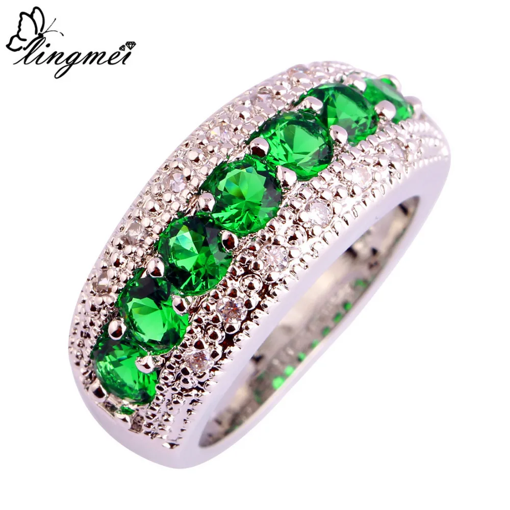 Lingmei Красиво и модно GreenWhite кубическим цирконием серебристого цвета Цвет кольцо