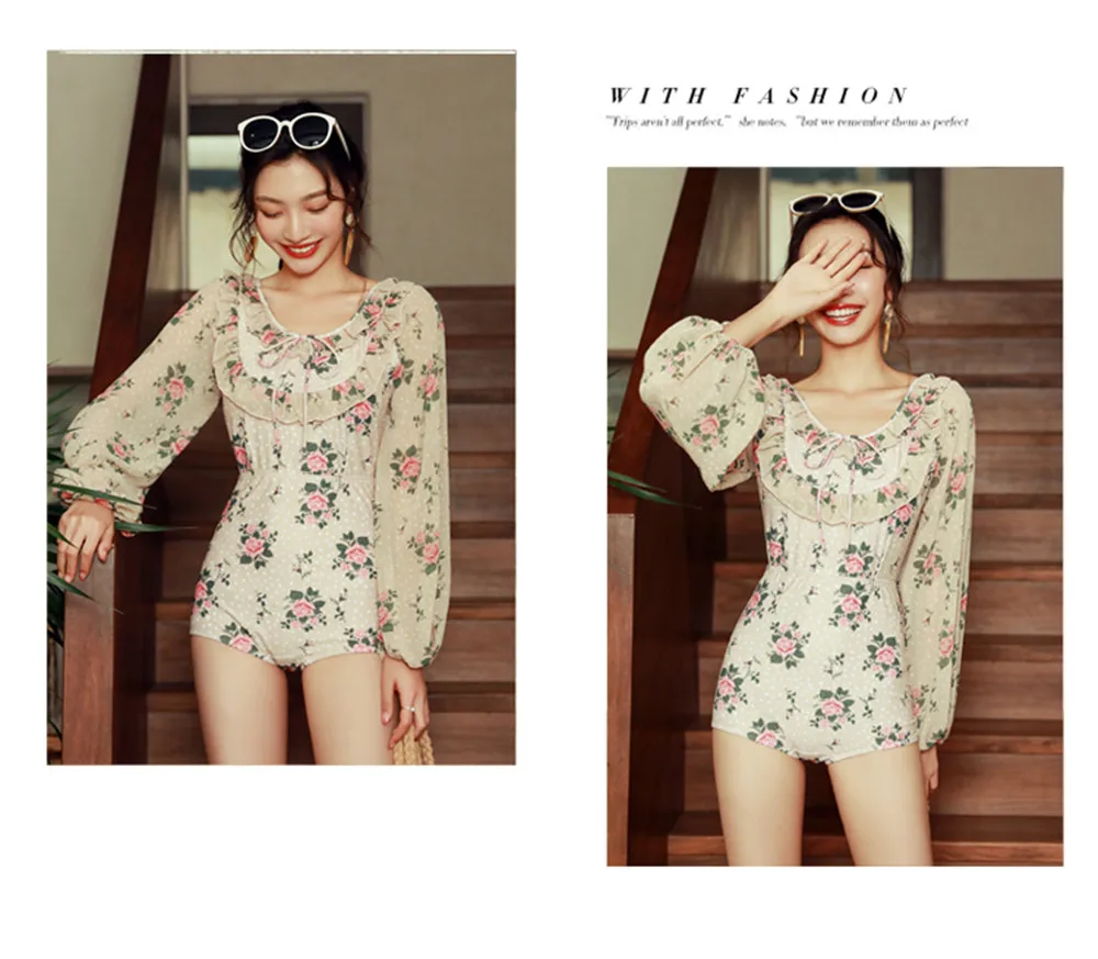 Long Sleeve One Piece Swimsuit Women Floral Swimwear Chiffon Monokini Push Up Swim Suit Ruffle Trikini Pad Bath Suit Backless
