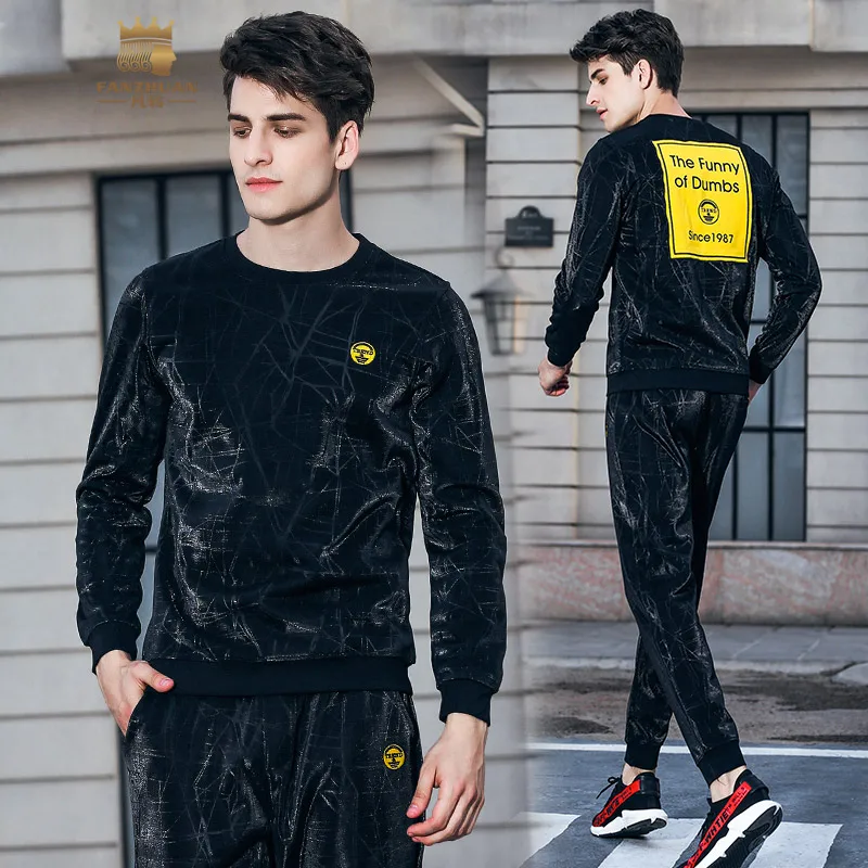 Fanzhuan Free Shipping New 2018 autumn winter male Men's long sleeved top pants plus velvet two-piece set suit printed 811023 | Мужская
