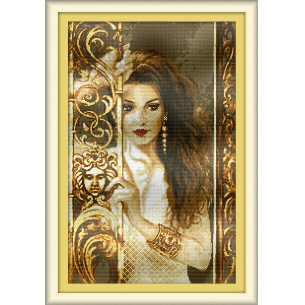 

NKF Woman Behind the Railing Counted Cross Stitch Patterns 11CT 14CT Chinese Cross Stitch Kits for Embroidery Home Decor