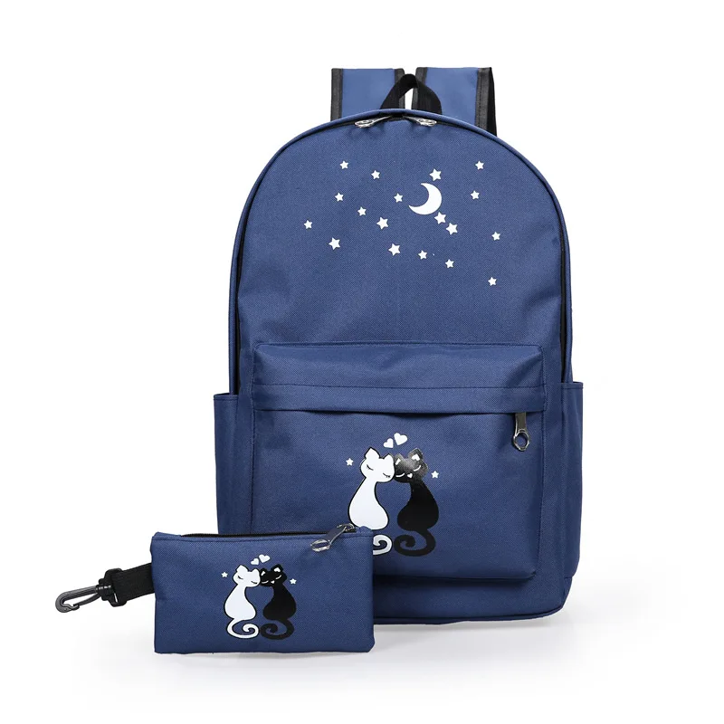 Женский рюкзак 2018 2 шт./компл. школьный холщовый с рисунком кота для