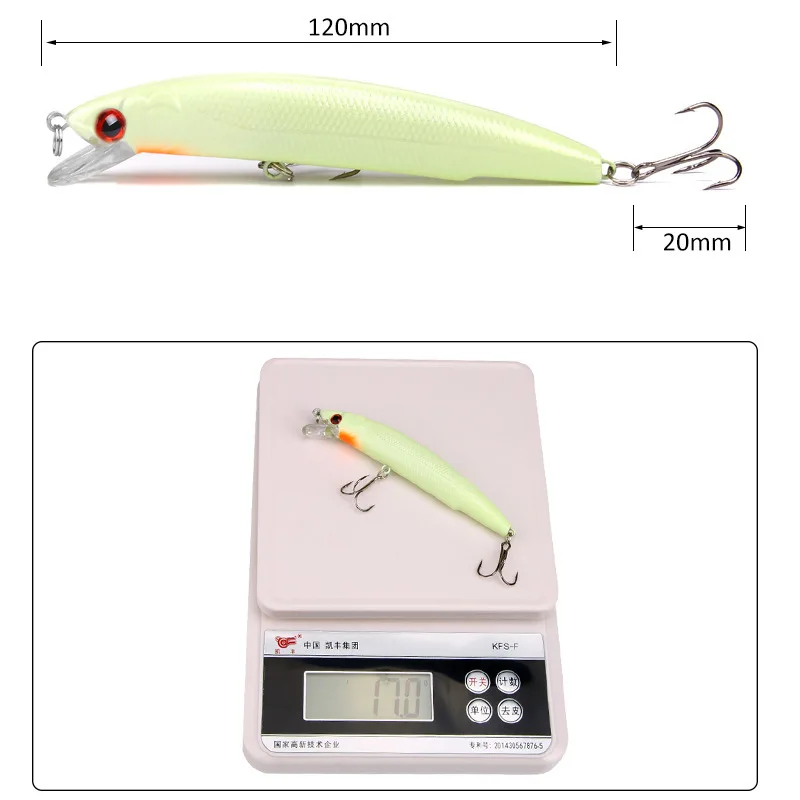 

1Piece 120mm 17g Isca Artificial Minnow Luminous Bait Wobblers Crankbait With 2 Treble Hooks For Sea Fishing Lure Pesca