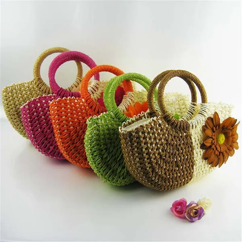 Bargin price womens summer countryside beach cute floral yellow red green pink orange zipper mini straw bag females handbags | Багаж и