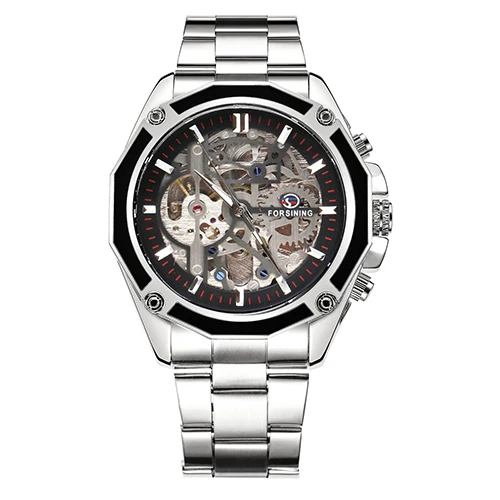 STEEL SILVER BLACK FORSINING золотые Лидирующий бренд Роскошные Авто механические часы для мужчин Нержавеющая сталь ремешок Скелет циферблат мода Бизнес наручные часы - Цвет: STEEL SILVER BLACK