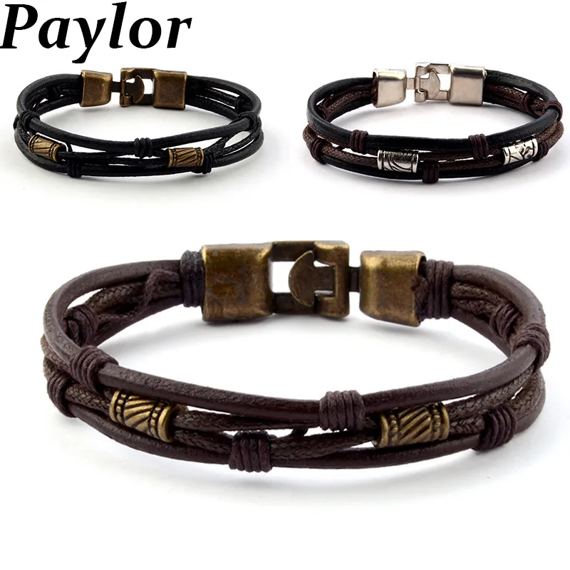 Мужской кожаный браслет с цепочкой Paylor черный коричневый золотой цвет модный и металлической пряжкой в