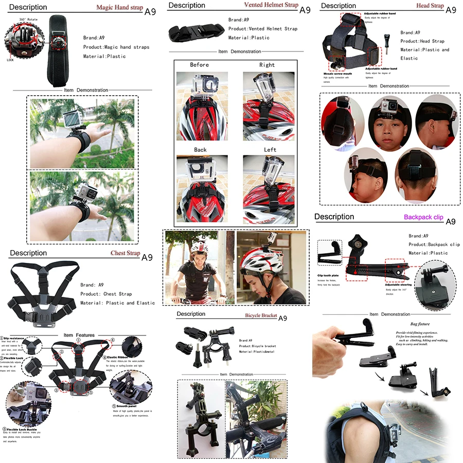 A9 для Gopro набор аксессуаров go pro hero 6 5 4 3 + крепление Xiaomi yi k sony action cam Scam SJ4000 SJ5000 AS300