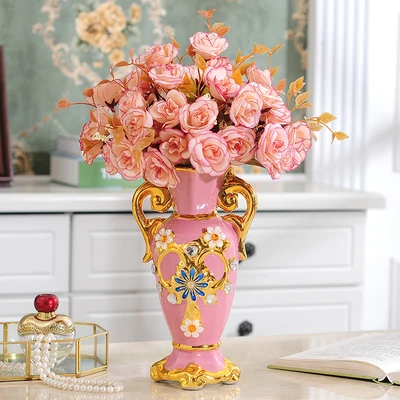 C With flowers Роскошная Европейская позолоченная керамическая ваза для домашнего декора Креативный дизайн фарфоровая декоративная ваза для цветов для свадебного украшения - Цвет: C With flowers