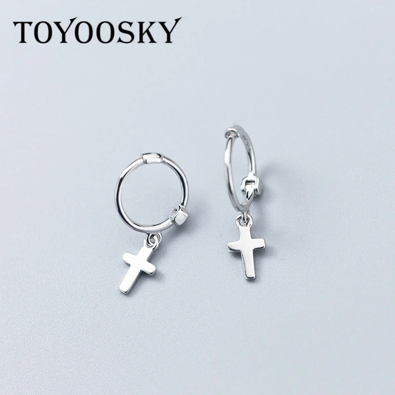 Маленькие серьги кольца TOYOOSKY для женщин подвеска в виде креста Серебряное